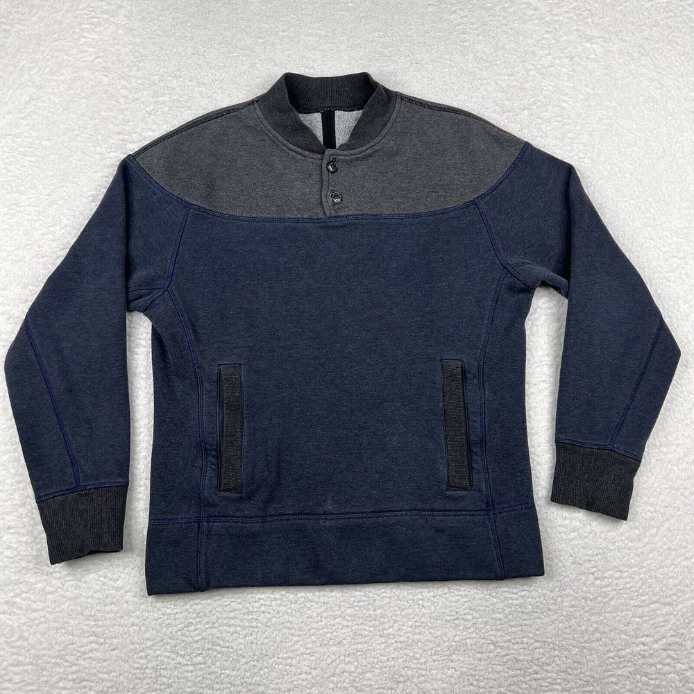 Lululemon Sweater Mens Small Blue Gray‎ Henley Revolver 6Pockets Pullover